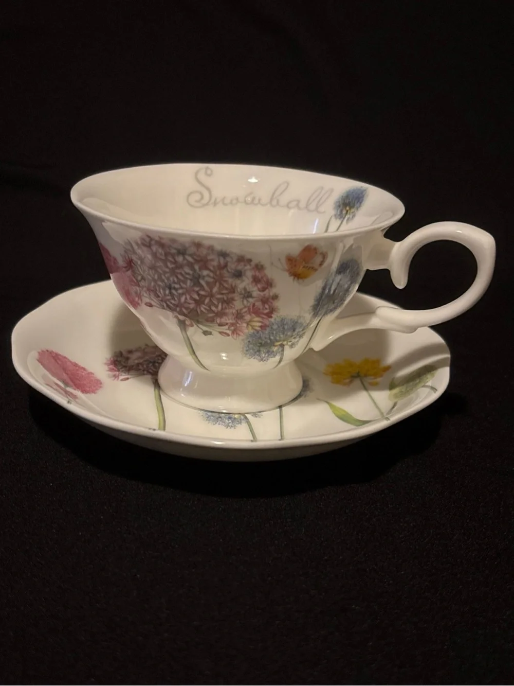 Stechol Bone China Snowball Teacup and Saucer Floral Design